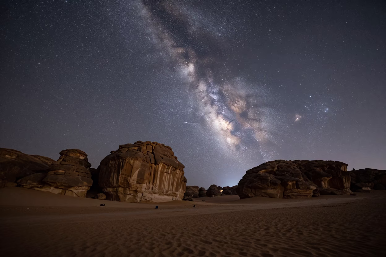 Milky Way Over Egyptian Desert Rock Silhouette in under a band of cold starlight in Egypt