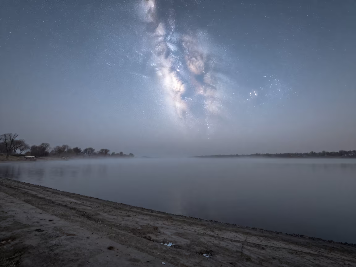 Milky Way Over Grey Lake Before Dawn in near Moradabad