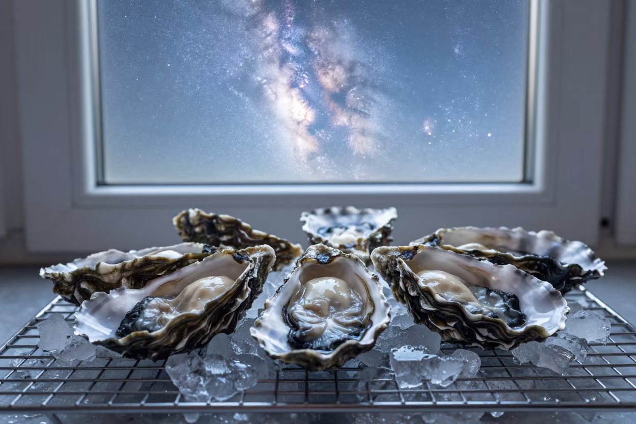 Milky Way Over Oysters on Bakery Rack in on a bakery cooling rack in Kruununhaka, Helsinki