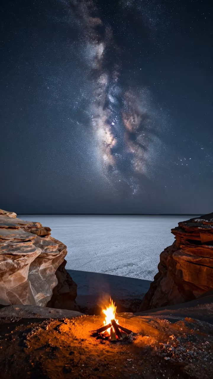 Milky Way Over Salt Flat Under Cambodian Cliff in beneath a wind-cut desert escarpment in Cambodia