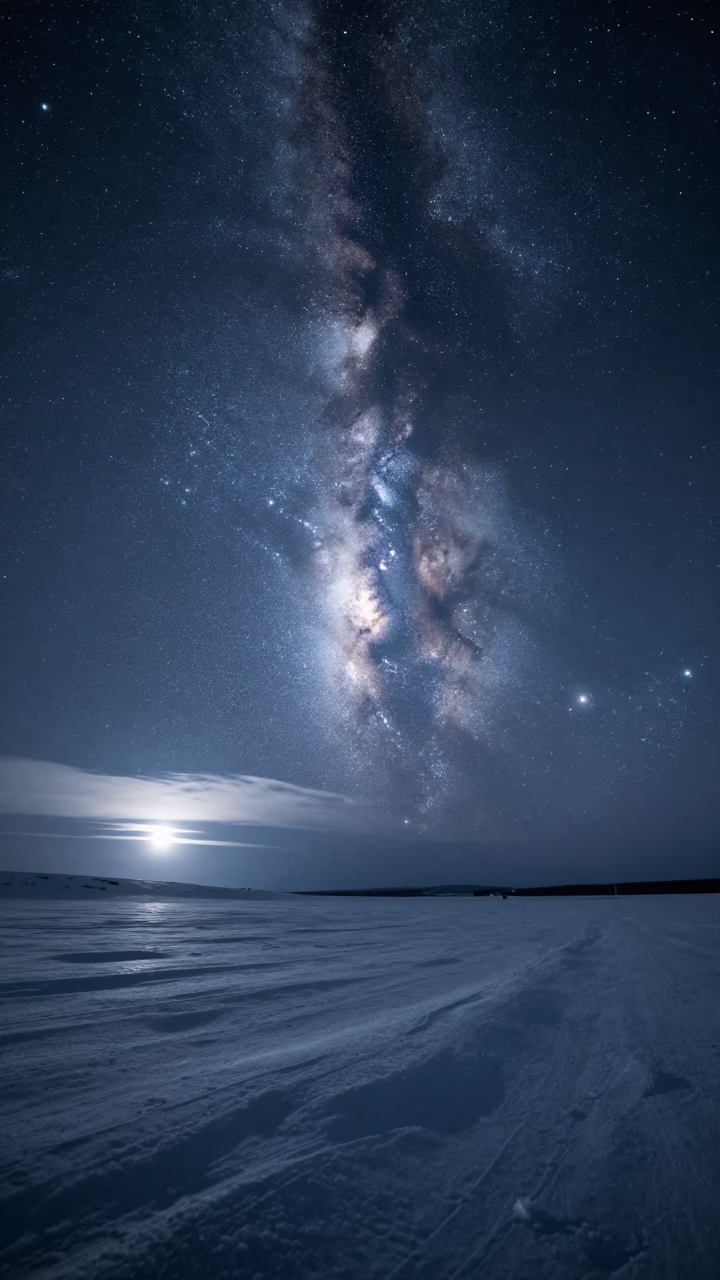 Milky Way Over Snowy Siberian Tundra at Night in beneath thin cloud gaps and stars in Siberia