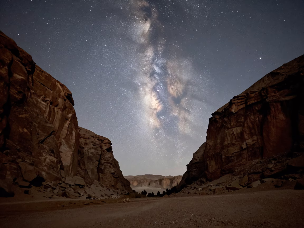 Milky Way Over Souks Canyon Walls Night in under a dry plateau sky near Souks, Marrakech