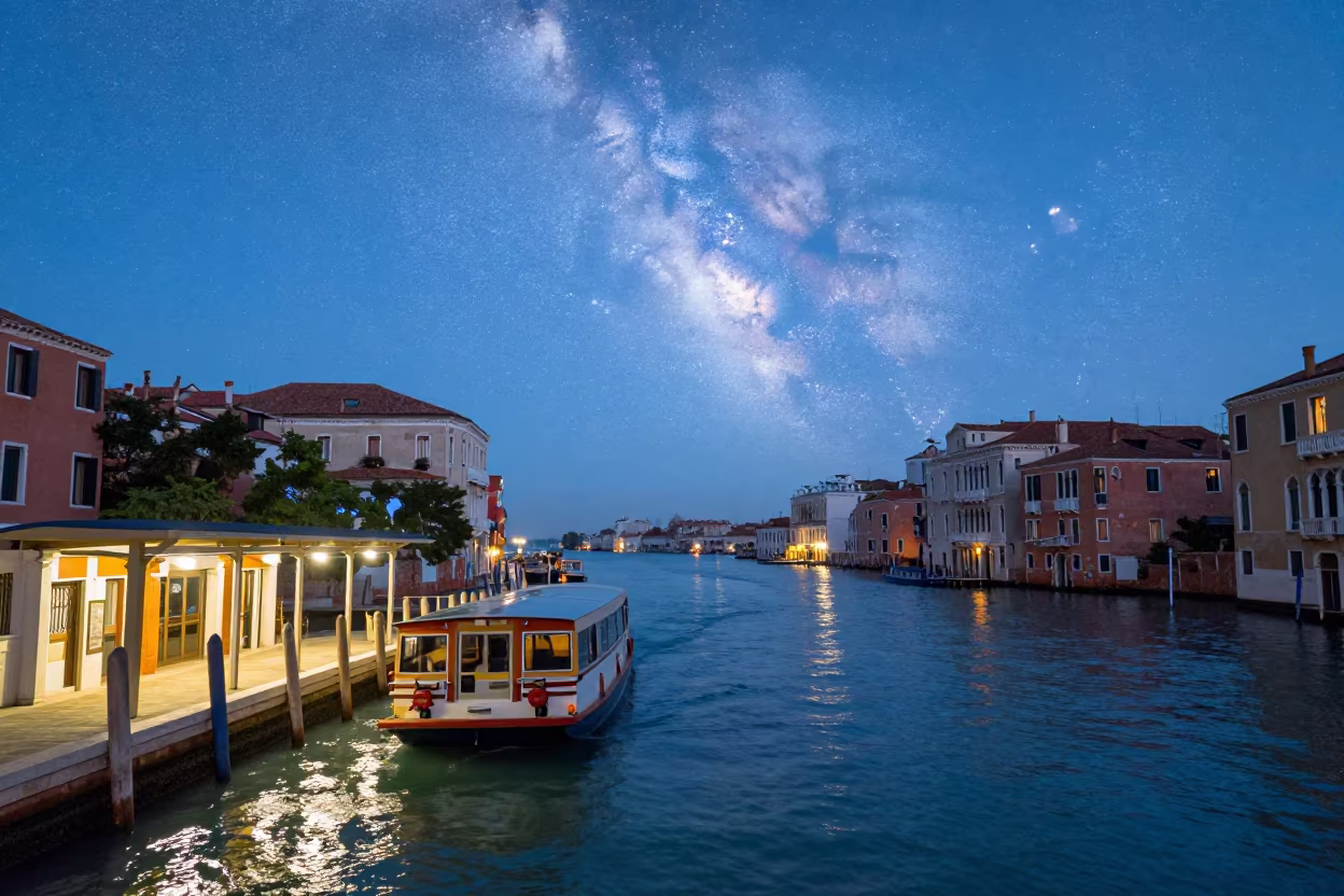 Milky Way Over Venice Water Bus at Dawn in beside a fogbound harbor mouth near Murano, Venice