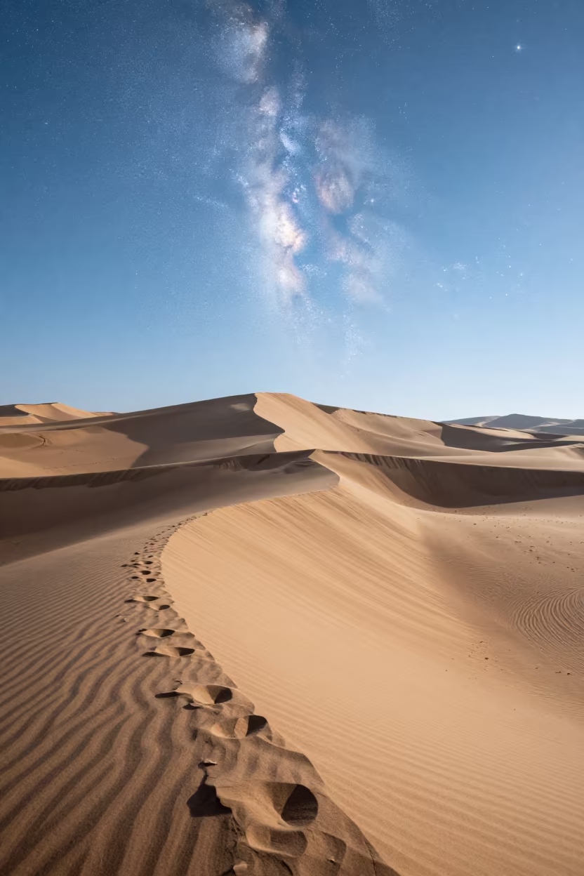 Milky Way Over Veraval Dunes in Daylight in from a ridge above layered foothills near Veraval