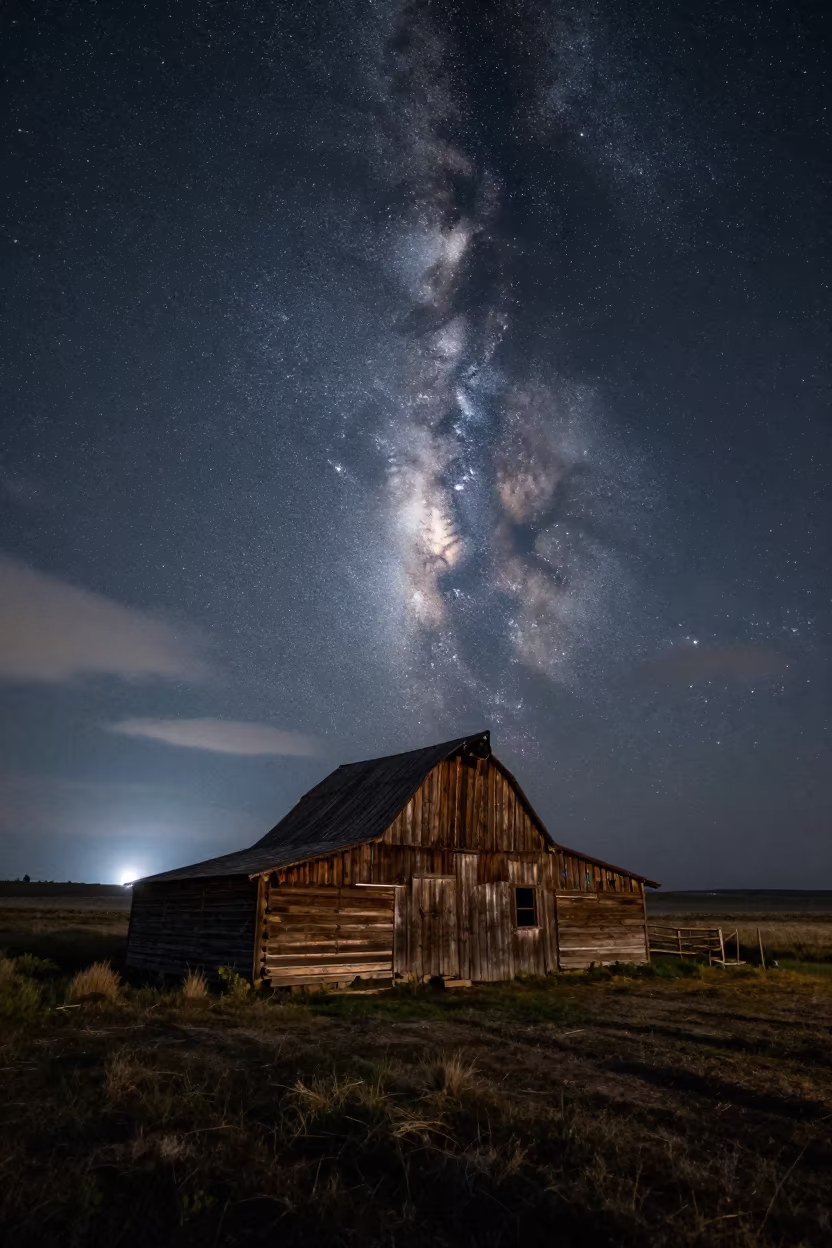Milky Way Over Weathered Barn Near Settat in beneath thin cloud gaps and stars near Settat