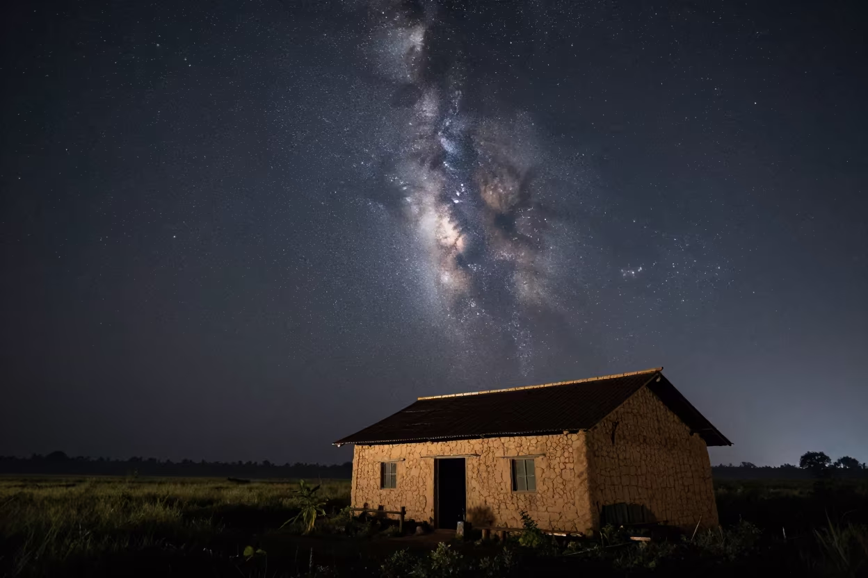 Milky Way Over Weathered Barn Odisha Prairie Night in beneath a dark-sky overlook in Odisha