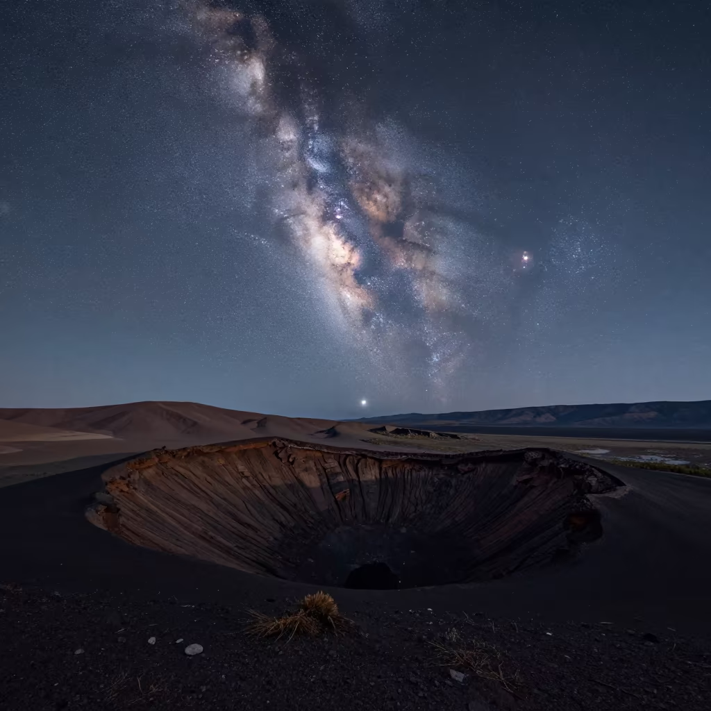 Milky Way Core Over Patagonian Volcanic Crater Night in beneath a wind-cut desert escarpment in Patagonia