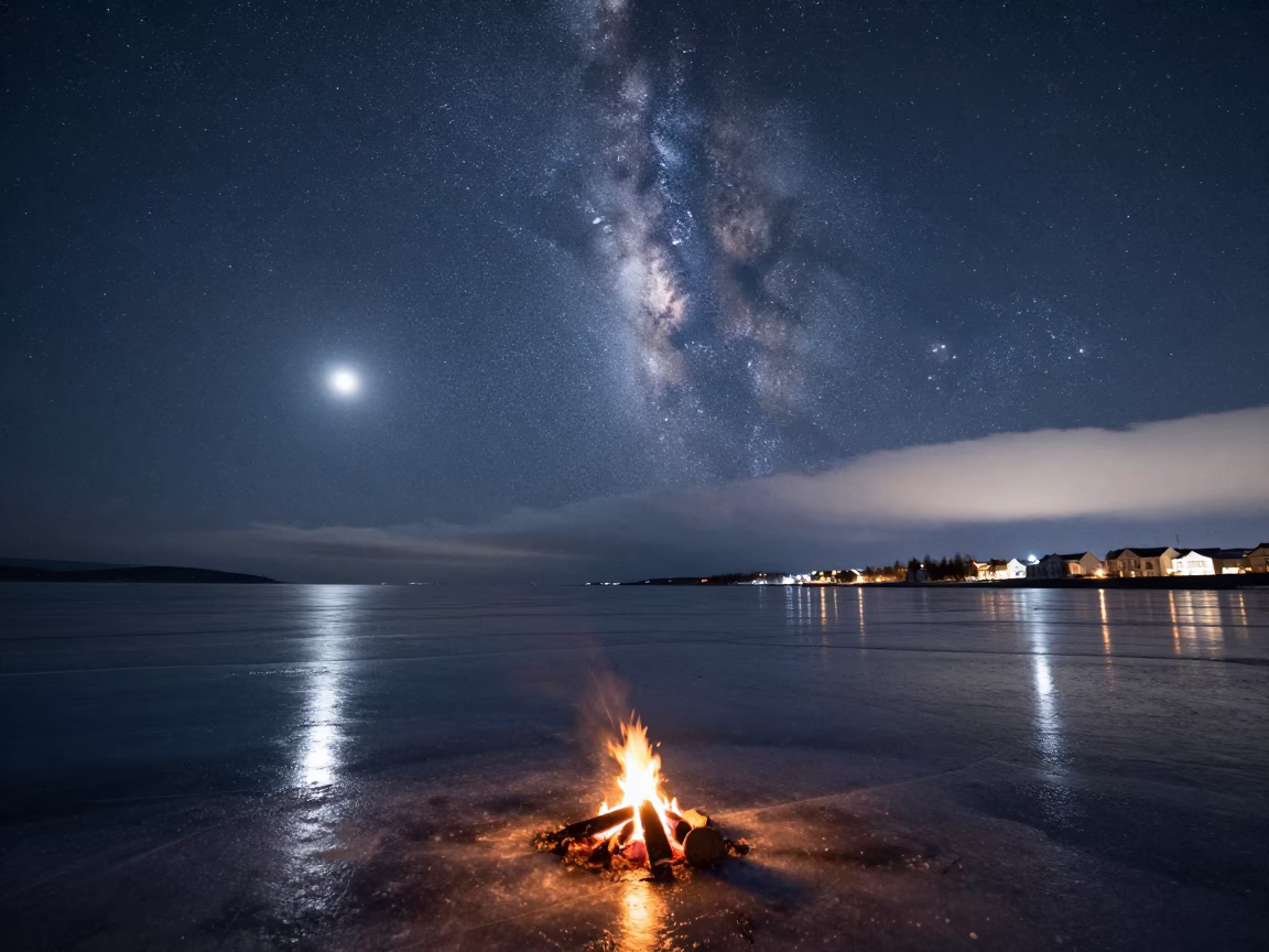 Milky Way Reflected on Frozen Icelandic Lake in near Reykjavik