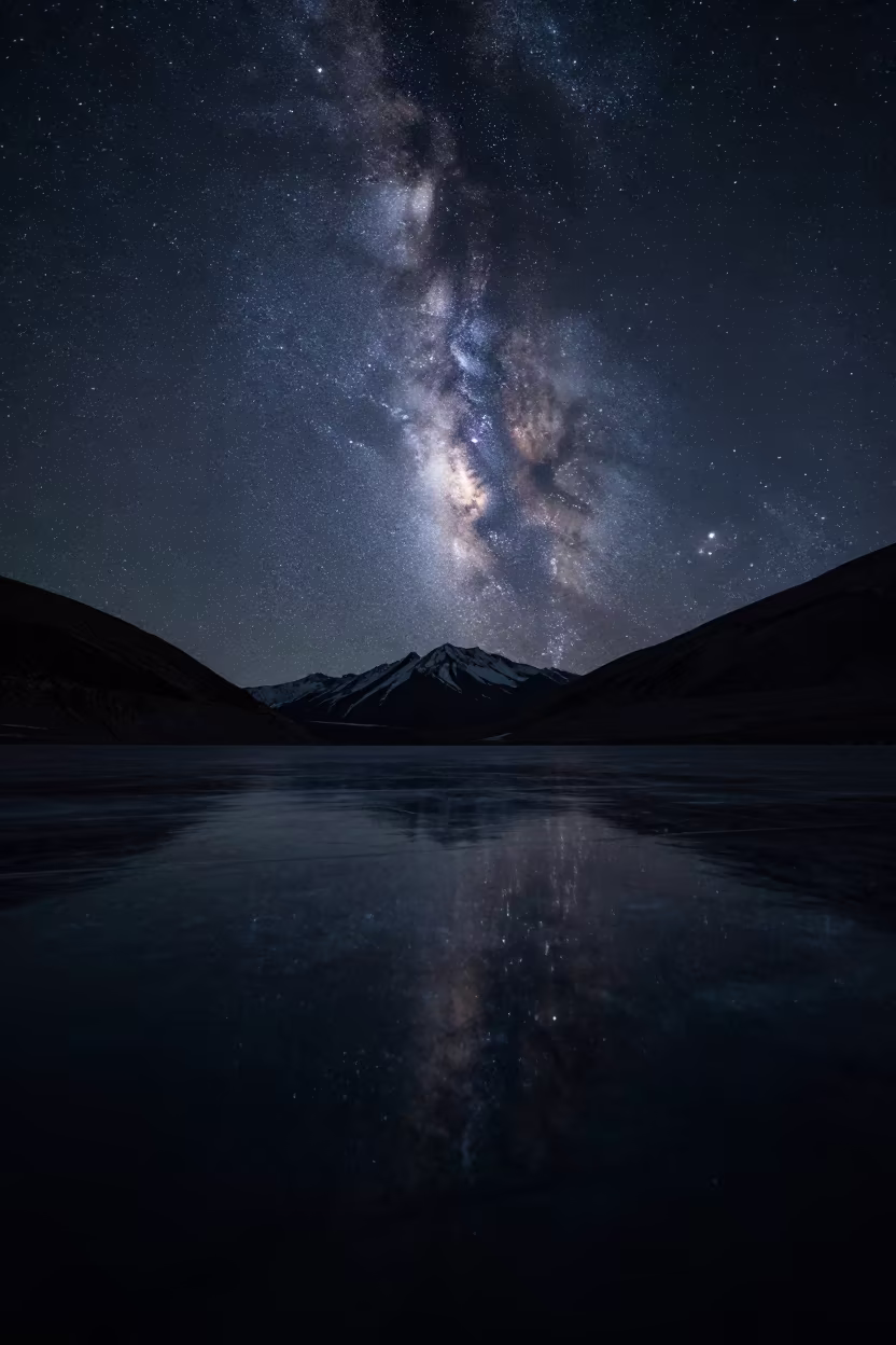 Milky Way Reflection on Frozen Tibetan Lake in from a quiet alpine saddle in Tibet