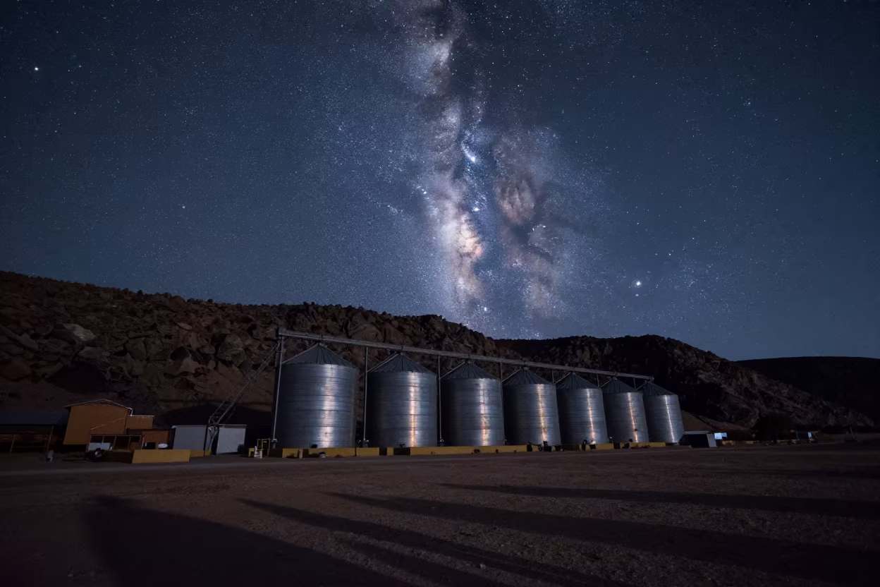 Milky Way Rising Over Grain Bins in Honduras Desert in beneath a wind-cut desert escarpment in Honduras