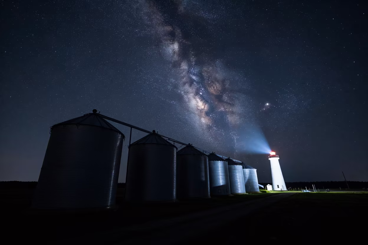 Milky Way Rising Over Grain Bins in under a band of cold starlight in Pennsylvania