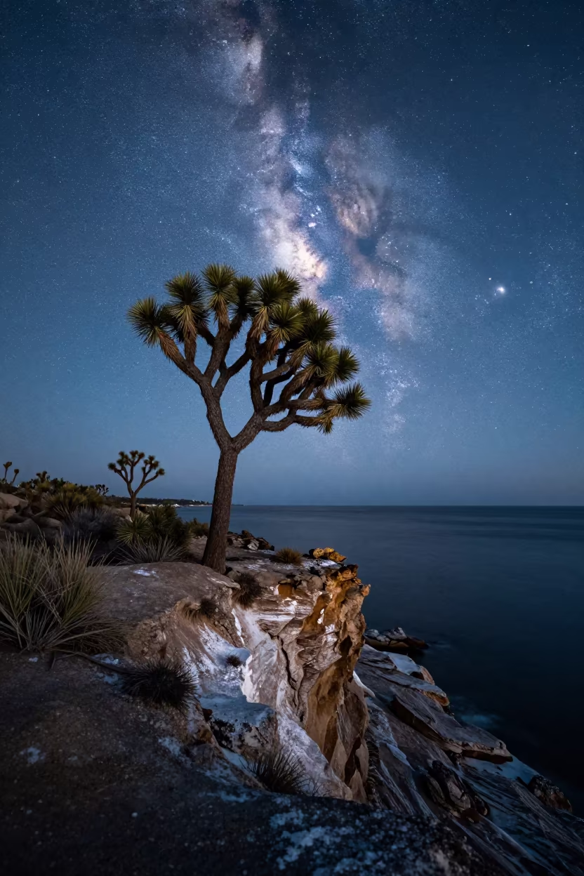 Milky Way Rising Behind Joshua Tree in along a salt-sprayed cliff edge near Dar es Salaam