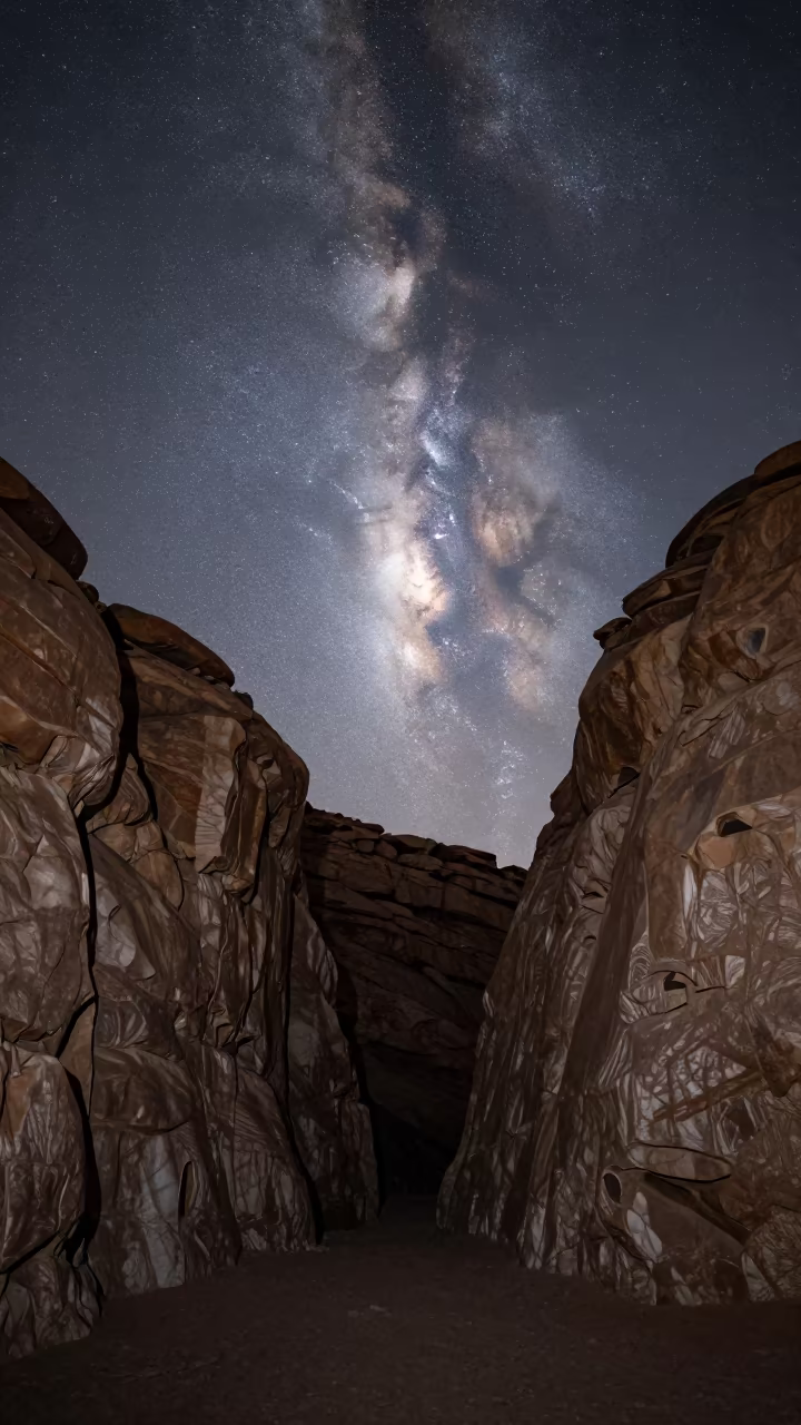 Milky Way Rising Over Namibian Canyon Walls in beneath thin cloud gaps and stars in Namibia
