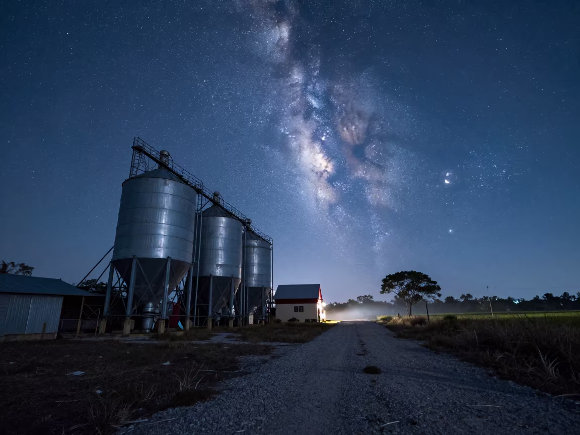 Milky Way Rising Over Grain Bins Near Maracay in under the clearest stretch of sky near Maracay