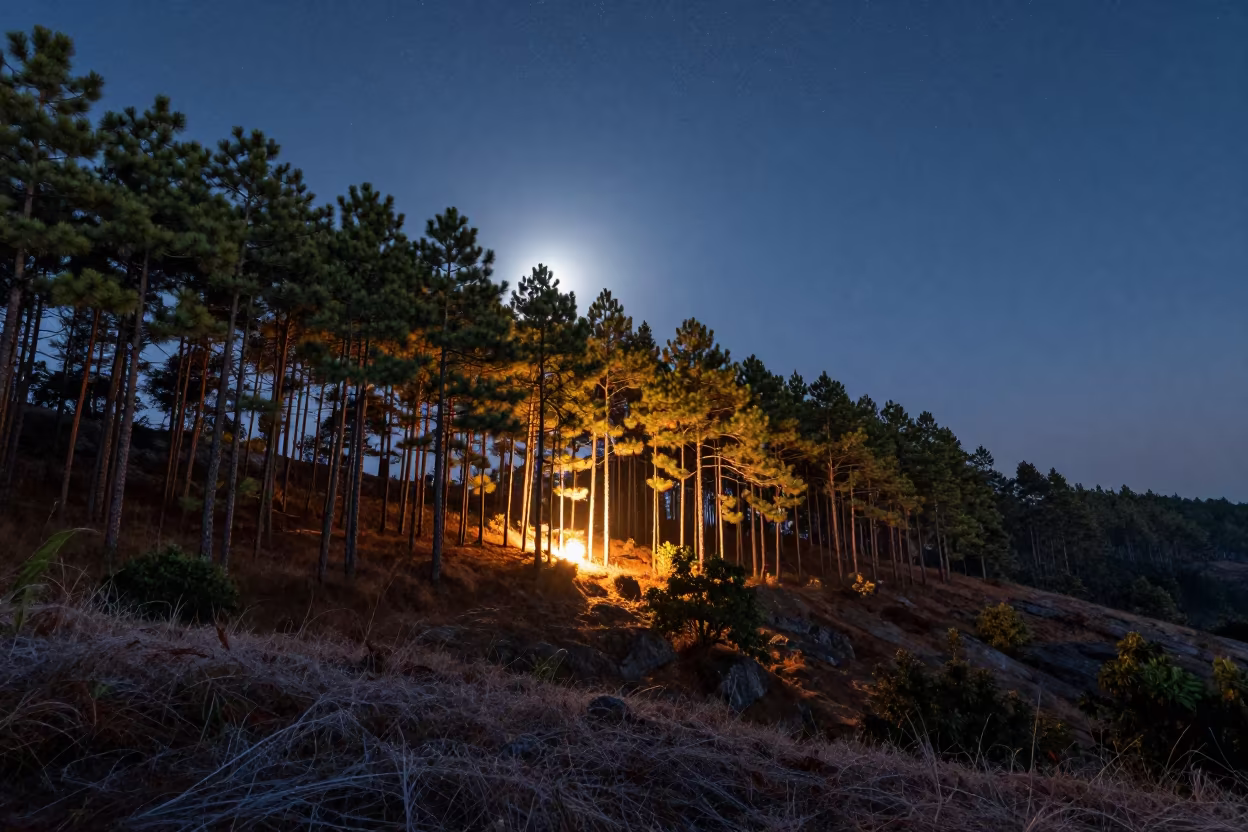Milky Way Setting Over Odisha Pine Ridge in from a frost-hushed ridgeline in Odisha
