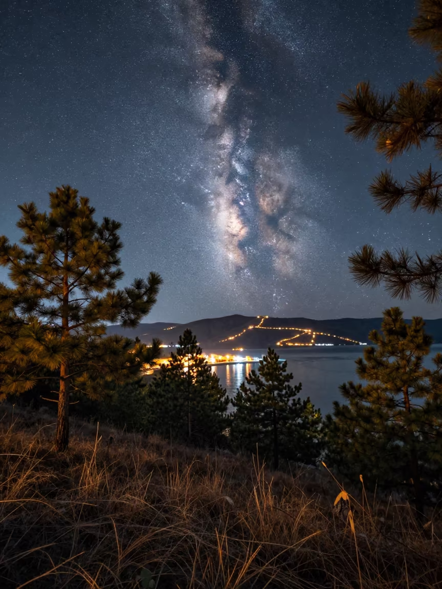 Milky Way Setting Over Pine Ridgeline Near Astana Harbor in beside a lantern-dotted harbor near Astana
