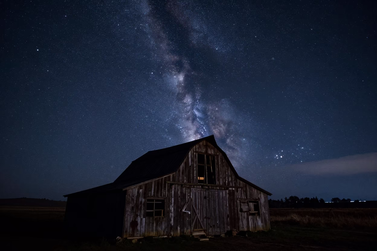 Milky Way Silhouette Over Weathered Barn Ecuador Night in beneath a dark-sky overlook in Ecuador