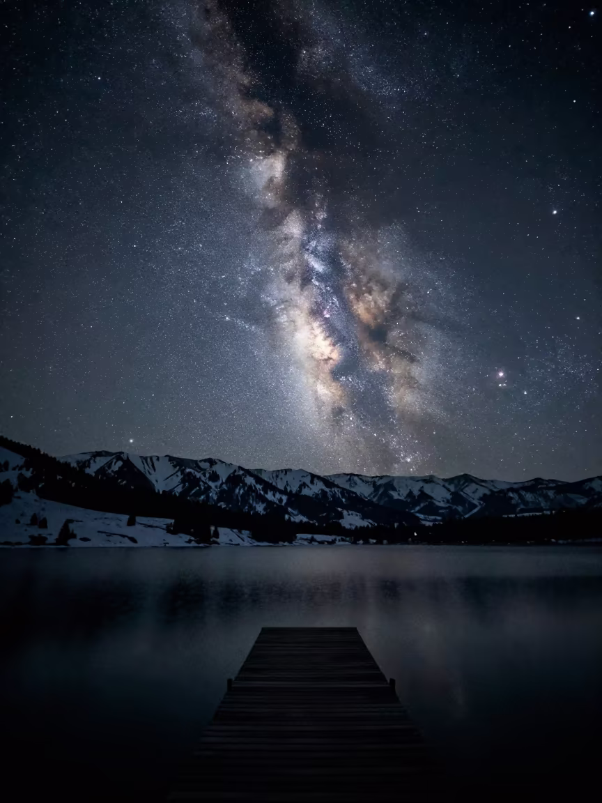Milky Way Silhouette Over Winter Mountain Dock in under the clearest stretch of sky near Almaty