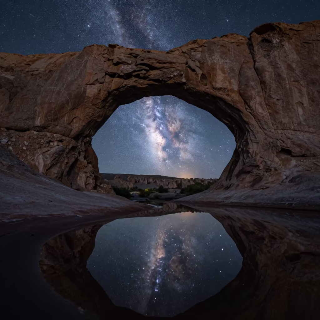 Milky Way Through Stone Arch in Asturian Desert in beneath a wind-cut desert escarpment in Asturias