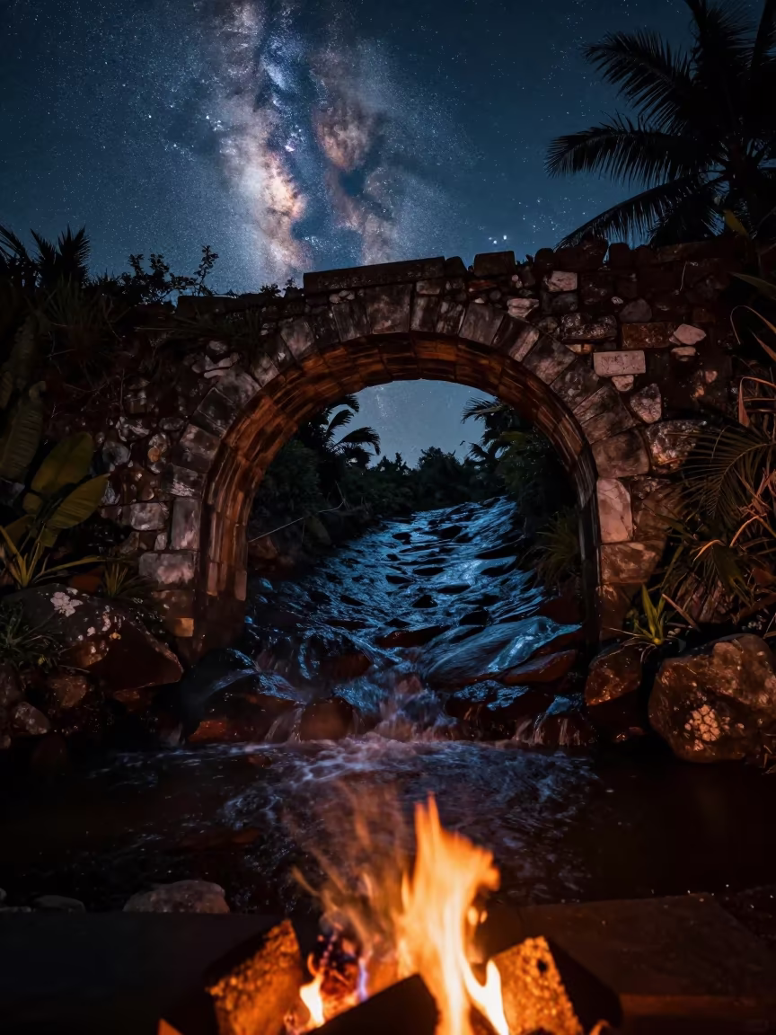Milky Way Through Stone Arch Over Flowing Water in beside dark water under a tropical sky near Kennedy Town, Hong Kong