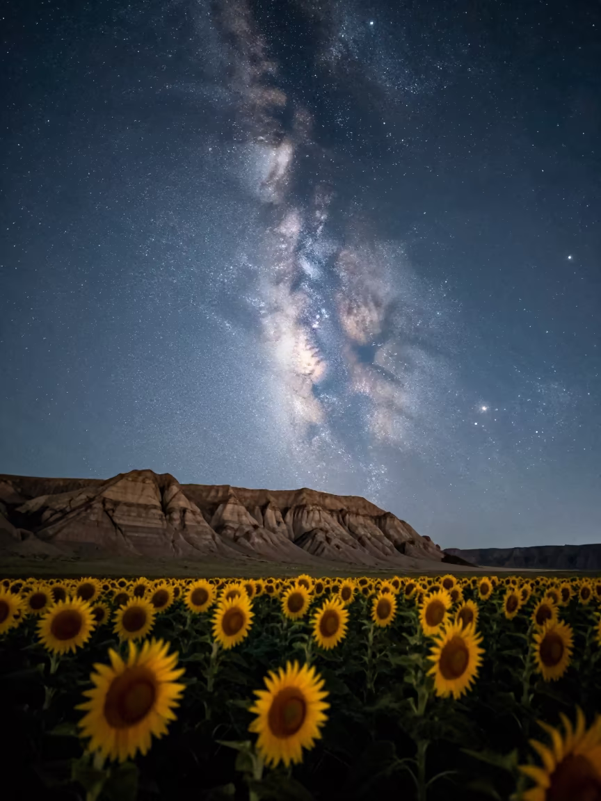 Milky Way Over Sunflower Field Maracay in beneath a wind-cut desert escarpment near Maracay
