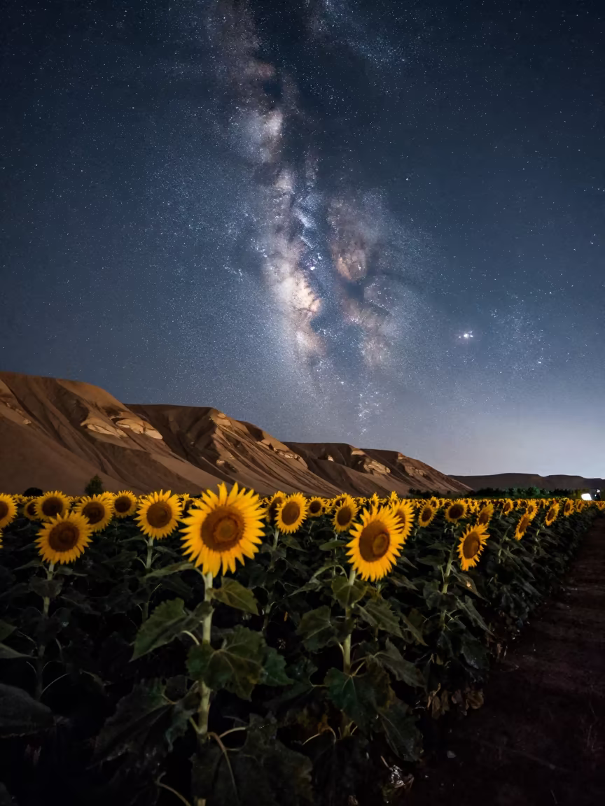 Milky Way Over Sunflowers Desert Escarpment in beneath a wind-cut desert escarpment near Guangzhou