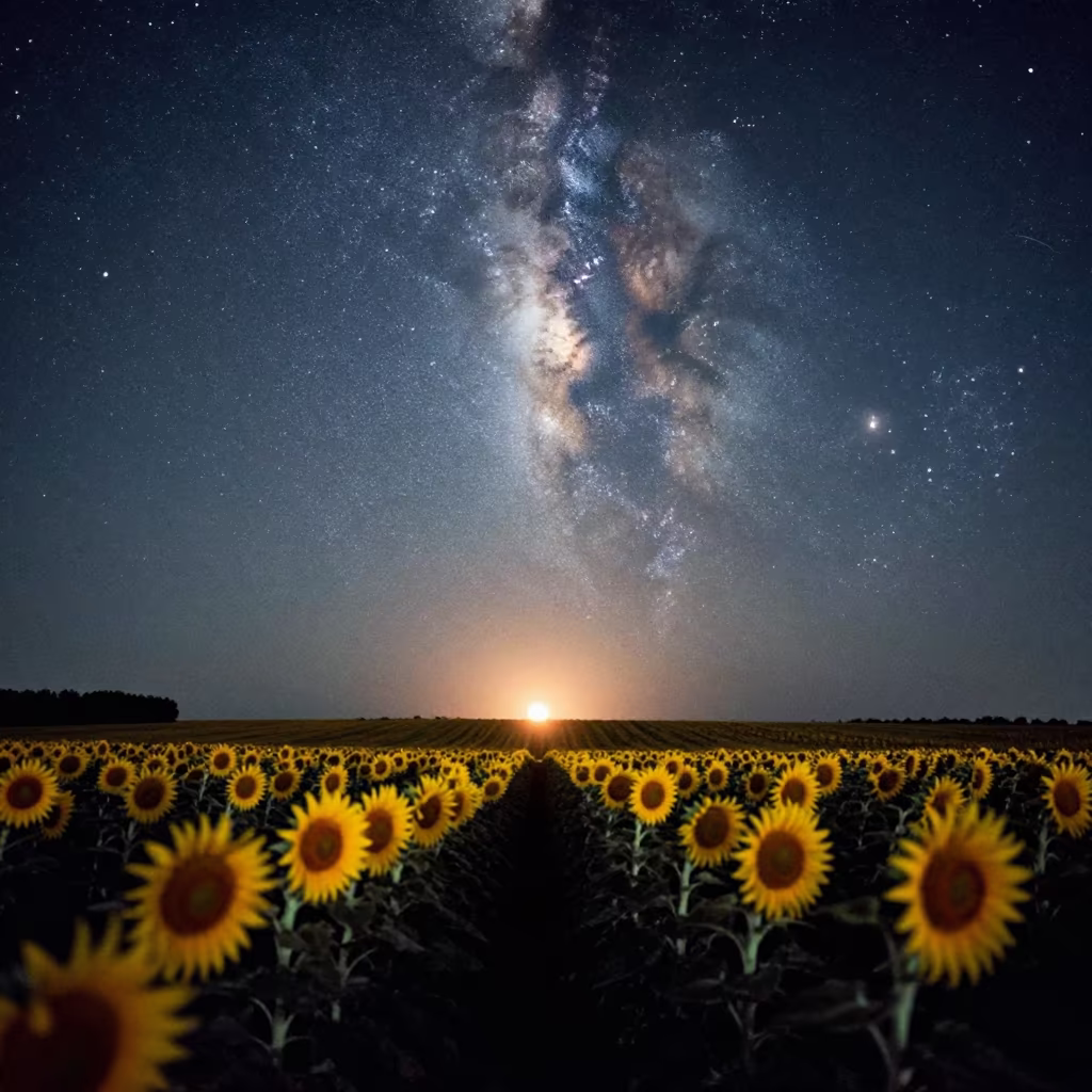Milky Way Over Sunflowers With Second Sun in beneath thin cloud gaps and stars in the Loire Valley