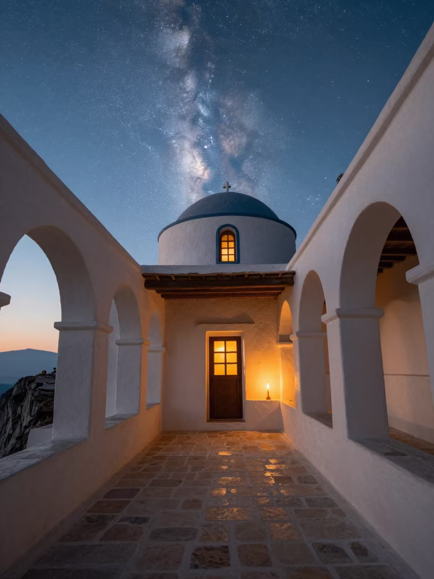 Milky Way at Sunset Over Whitewashed Greek Chapel in along a monastery corridor in Kathmandu