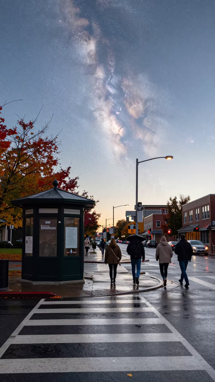 Milky Way at Sunset Over Halifax Crosswalk in by a rain-darkened kiosk in Halifax