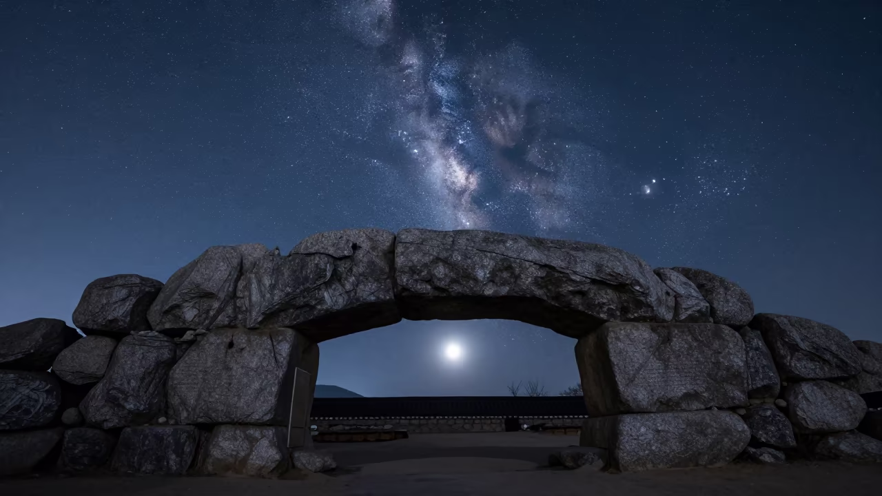 Milky Way Through Stone Arch Bukchon Night in under a band of cold starlight near Bukchon, Seoul