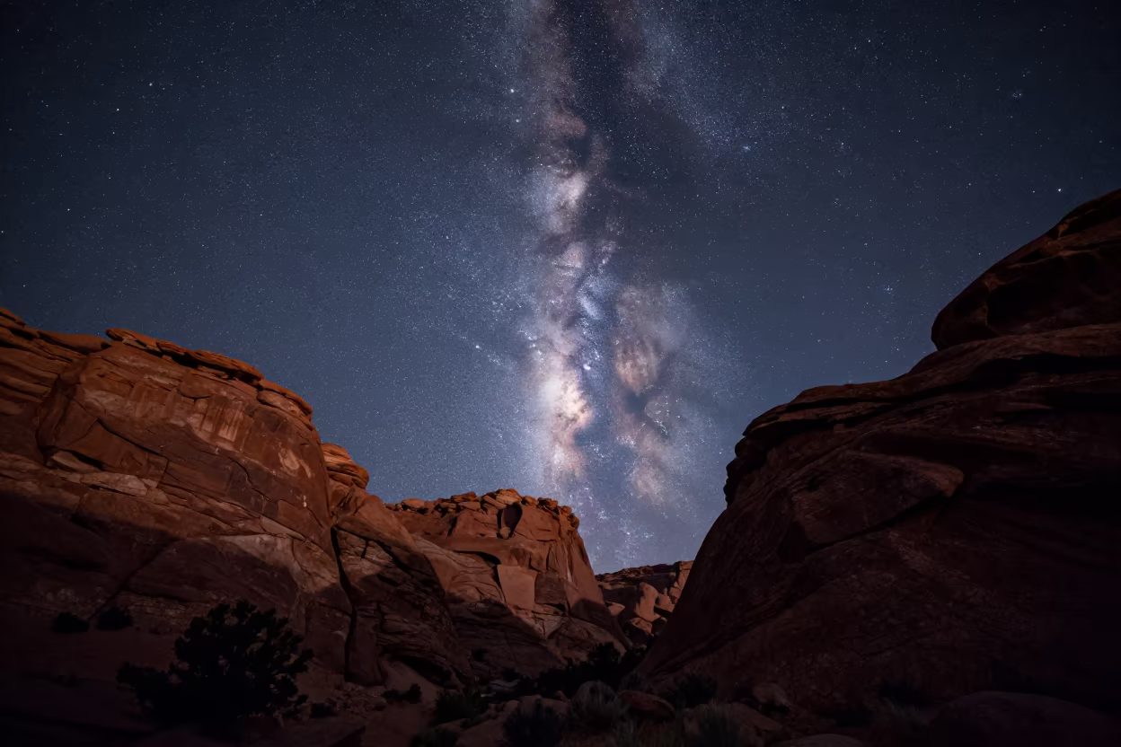 Milky Way Rising Over Utah Canyon Walls in under a dry plateau sky in Utah