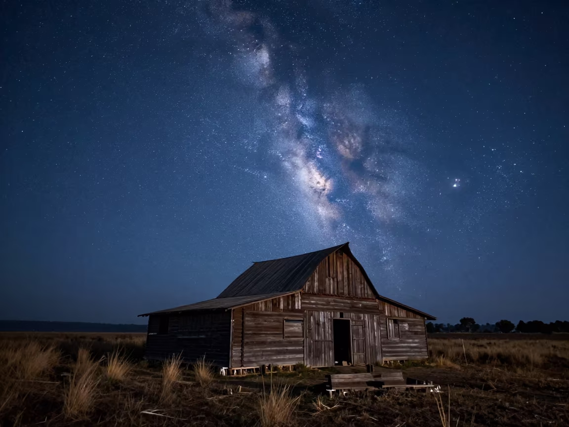 Milky Way Over Weathered Barn in Myanmar Prairie in in Myanmar