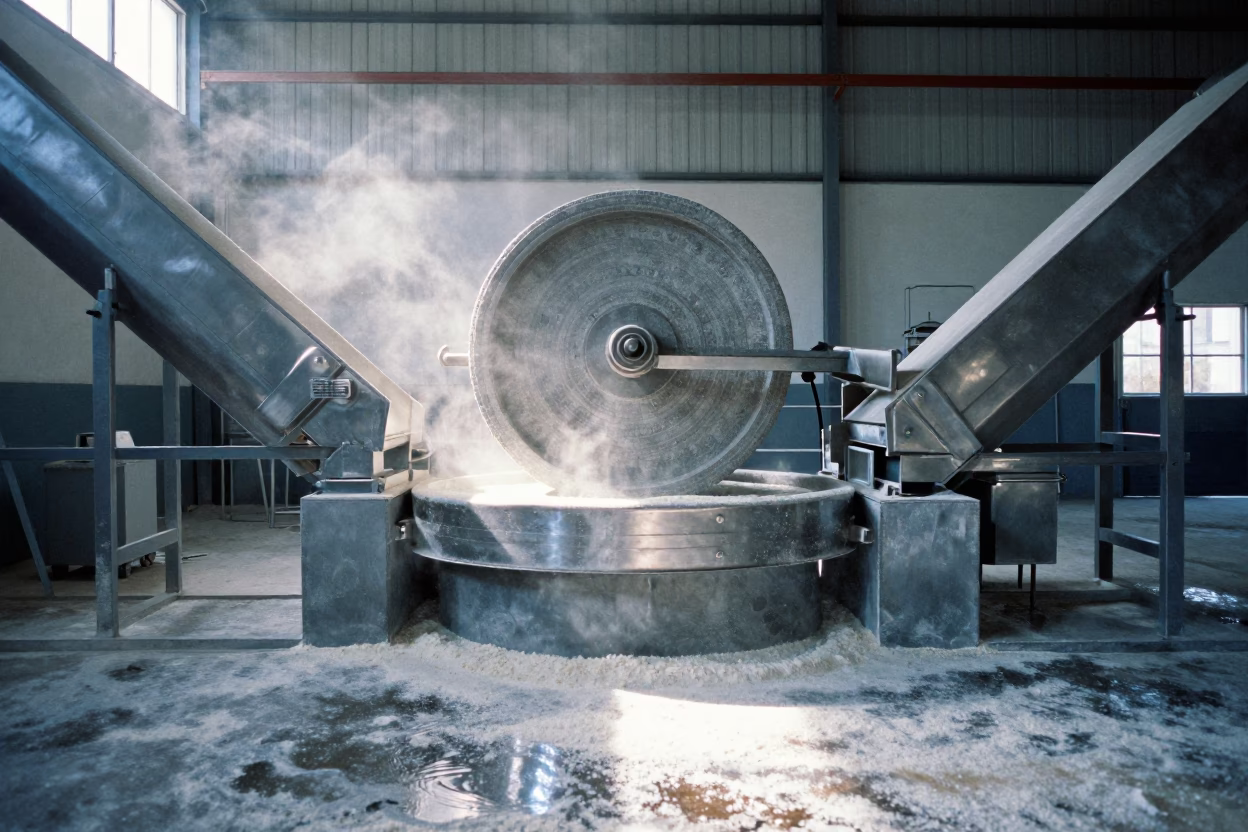 Mill Stone Grinding Flour in Benin Packing Hall in inside a packing hall with stainless conveyors in Benin
