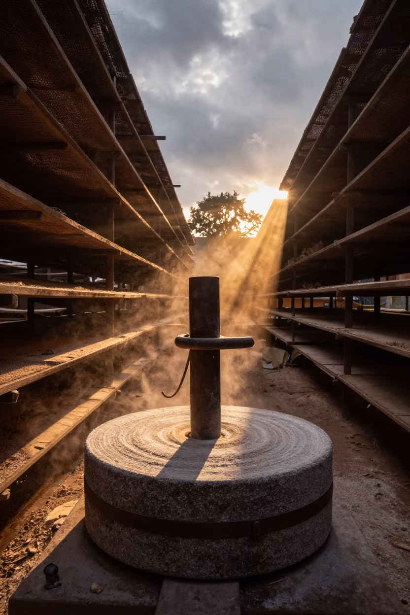 Mill Stone Grinding Flour in Evening Light in inside a leaf-drying room lined with mesh trays near Osogbo