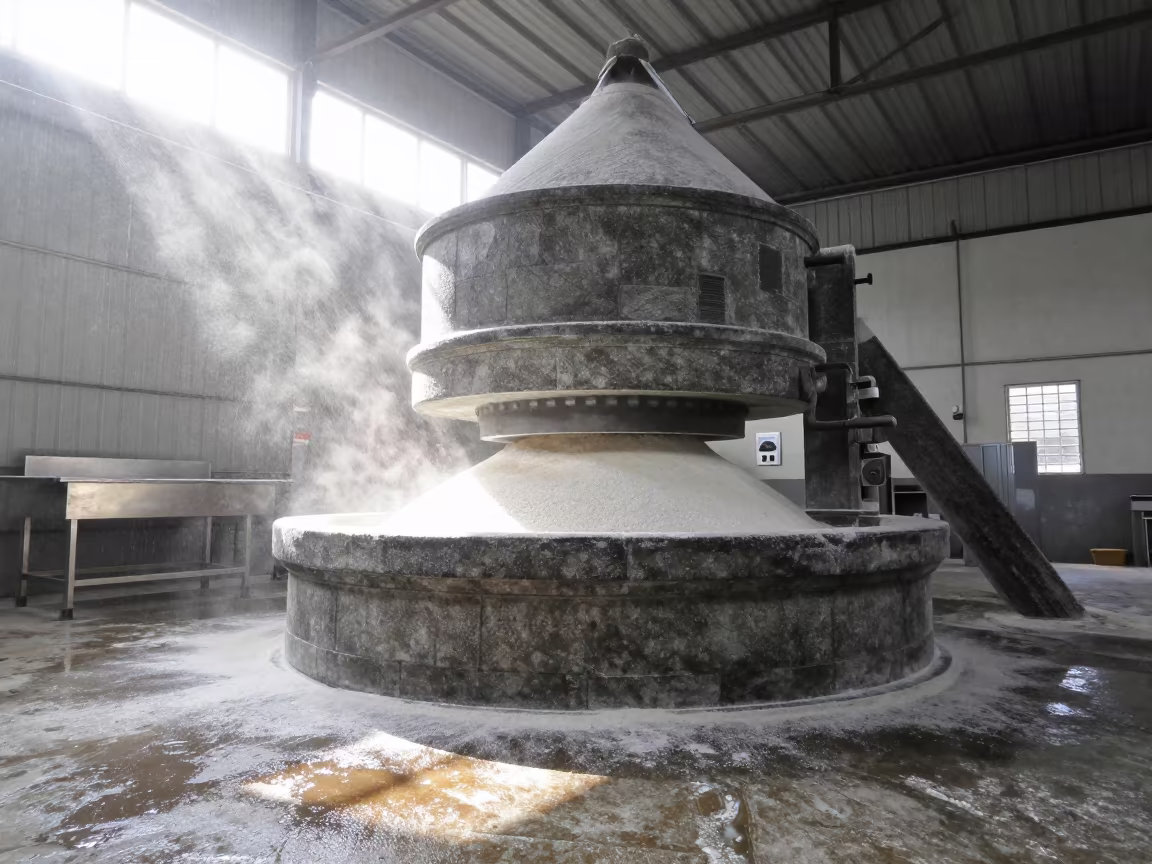 Mill Stone Grinding Flour in Monsoon Light in along a food-processing floor with sorting tables near Surat