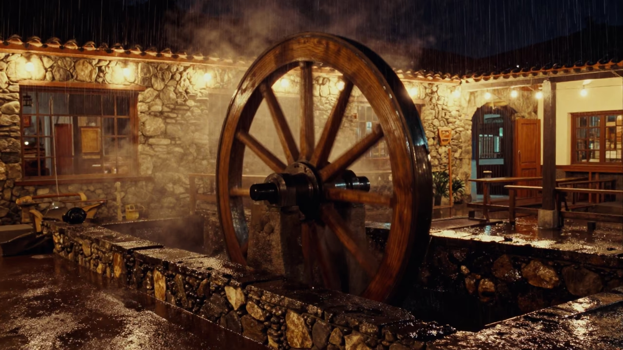 Mill Wheel Turning in Night Tea Hall Bogota in inside a tea-processing hall near Bogota