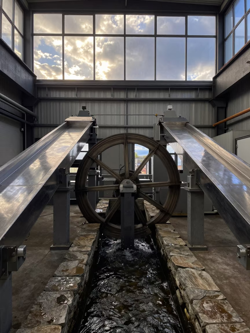Mill Wheel Water Channel in Industrial Packing Hall in inside a packing hall with stainless conveyors near Linz
