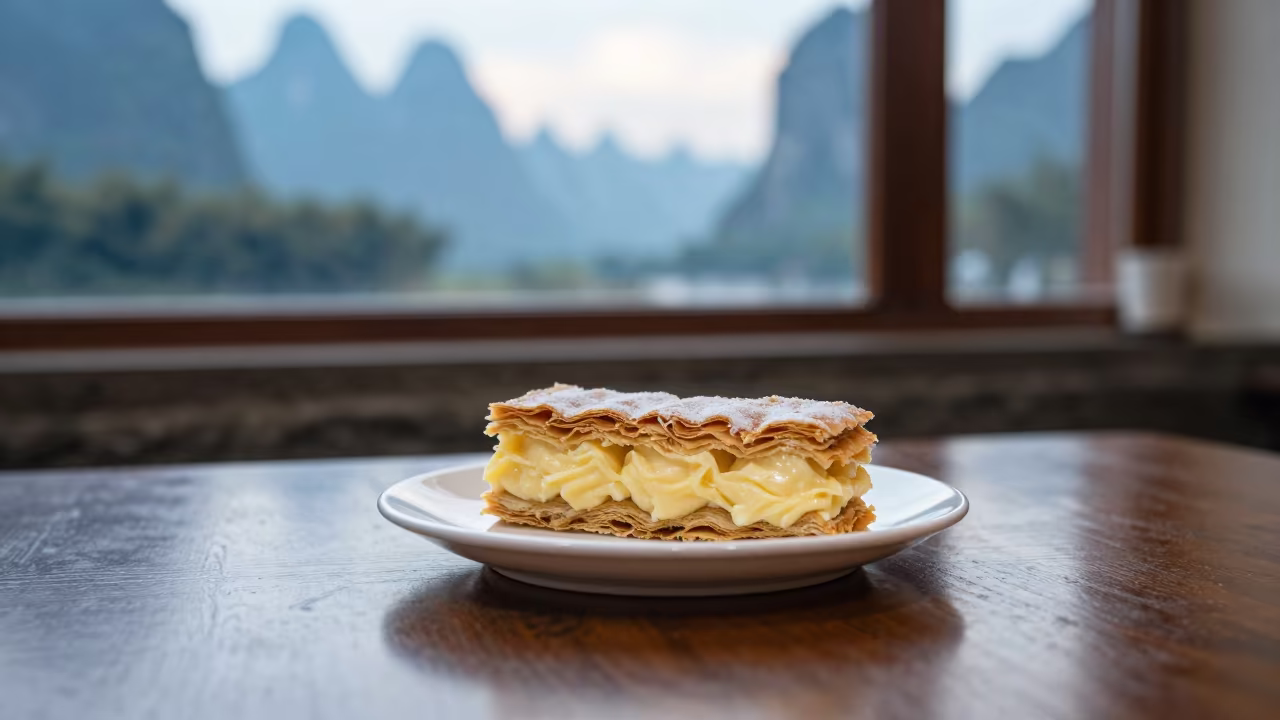 Mille-feuille Slice on Diner Table in Yangshuo in at a roadside diner table in Yangshuo
