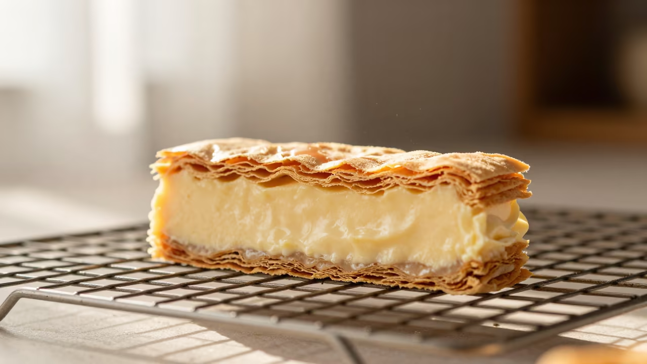 Mille-feuille slice on cooling rack in Fuzhou bakery in on a bakery cooling rack in Fuzhou