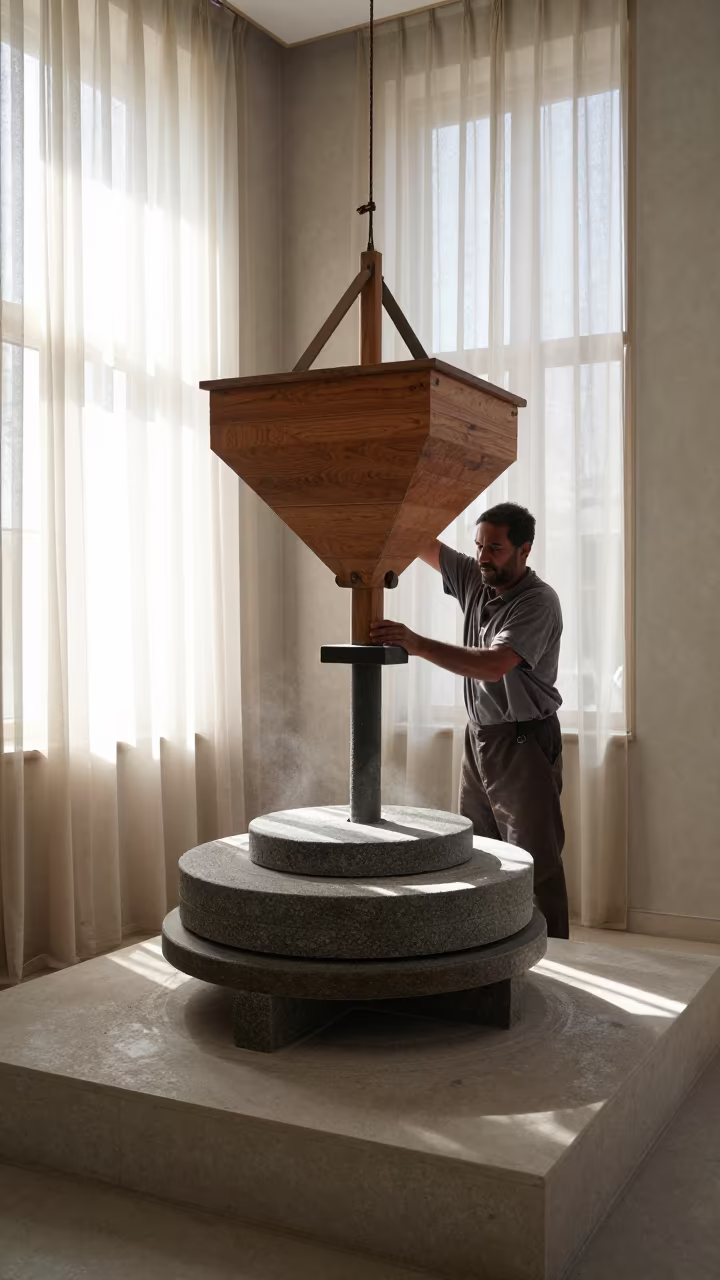 Miller Adjusting Hopper on Grinding Stones Museum Plinth in on a museum plinth near Ankara