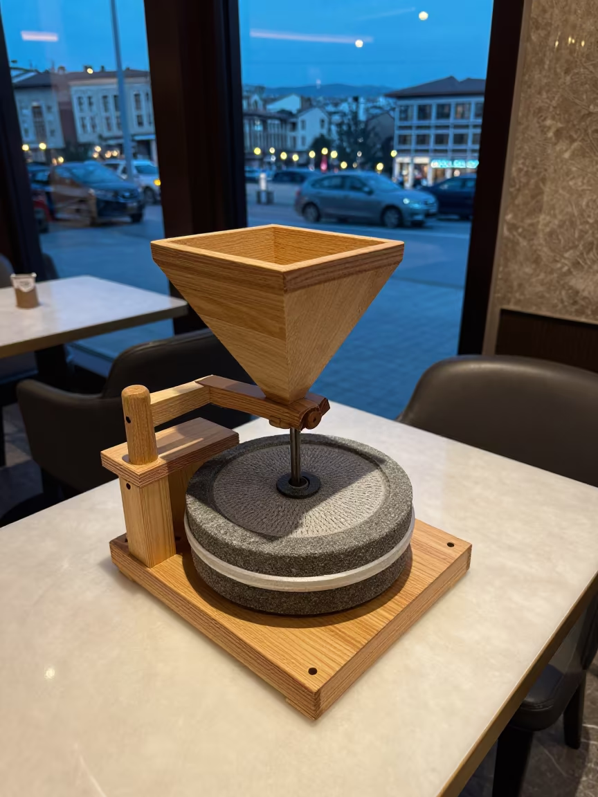 Miller Adjusts Hopper Stones Cafe Window in on a cafe table by a window in Gaziantep