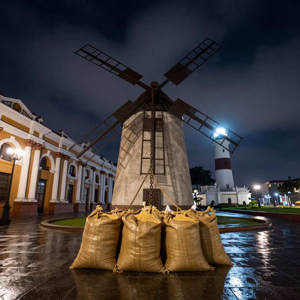 Miller Loading Grain at Lima Windmill Midnight in along a colonnaded facade in Centro Historico, Lima