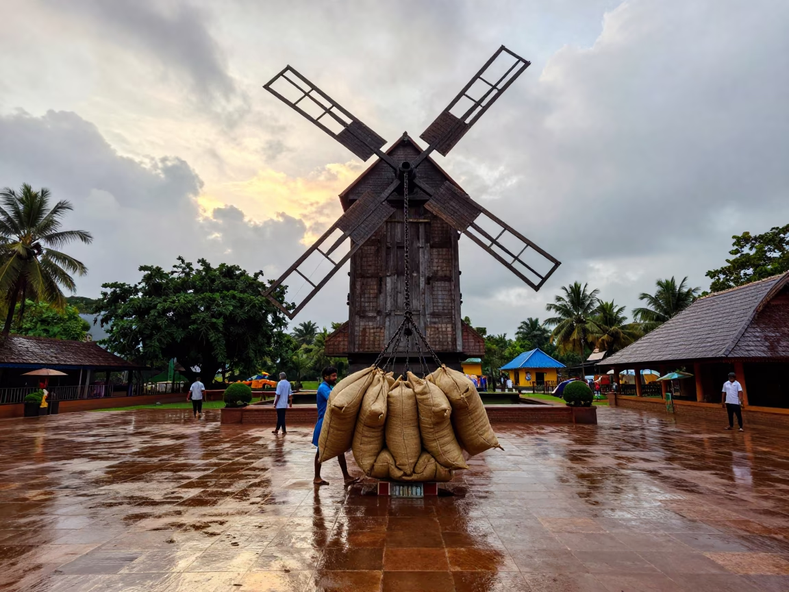 Miller Loading Grain Sacks on Windmill Hoist in across a formal civic plaza in Tirunelveli
