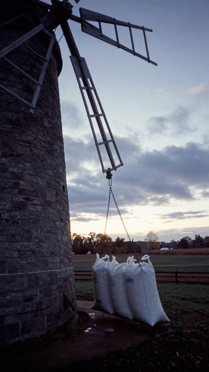 Miller Loading Grain Sacks on Windmill Hoist in outside a wind-scoured fortress wall in Wisconsin