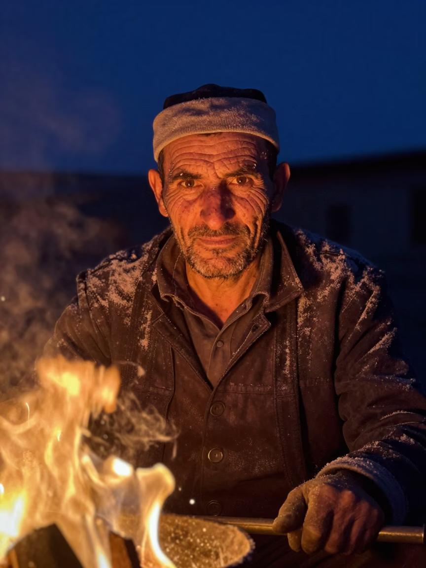 Millwright in Aksaray Night Firelight Portrait in near Aksaray
