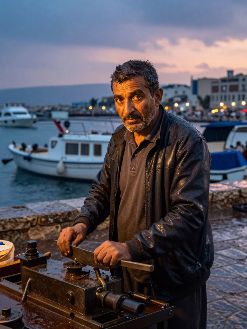 Millwright with Engine Grease in Beirut Rain in at a harbor edge in Hamra, Beirut