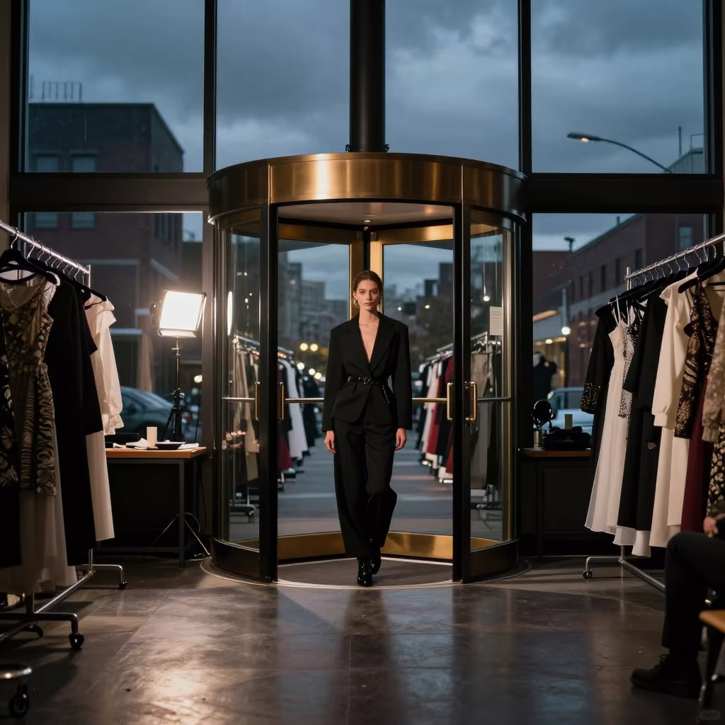 Milwaukee Couture Model in Revolving Door Night in inside a couture atelier in Milwaukee