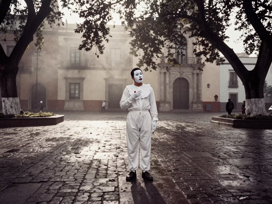 Mime Artist Dappled Light Queretaro Monsoon in at a public square in Queretaro