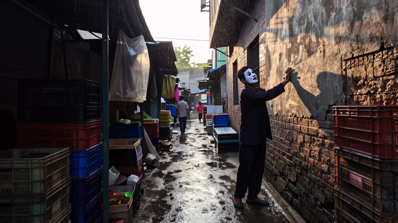 Mime Artist in Gujranwala Market Lane in along a market lane in Gujranwala