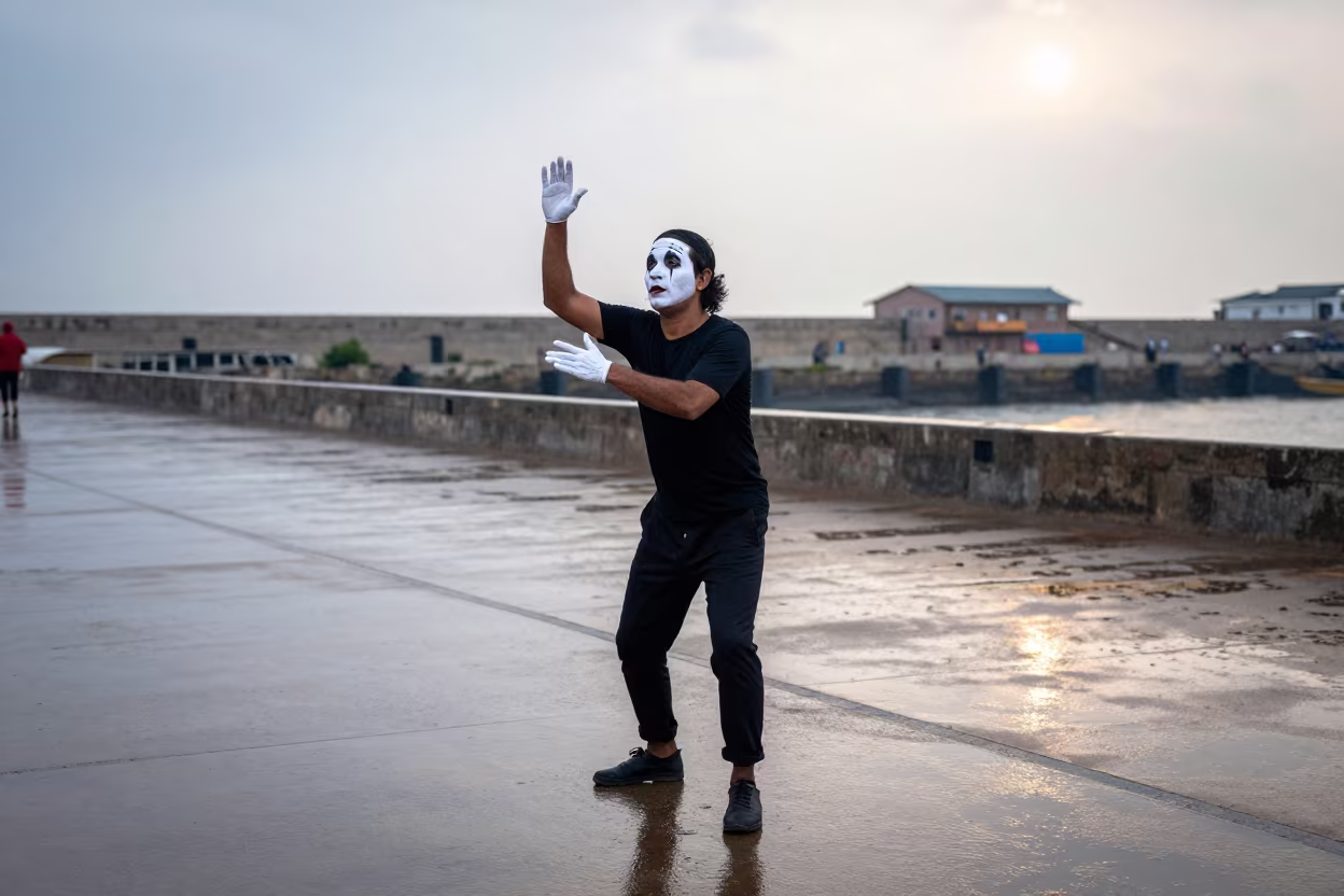 Mime Artist Mid-Gesture in Quetta Rain in at a harbor edge in Quetta
